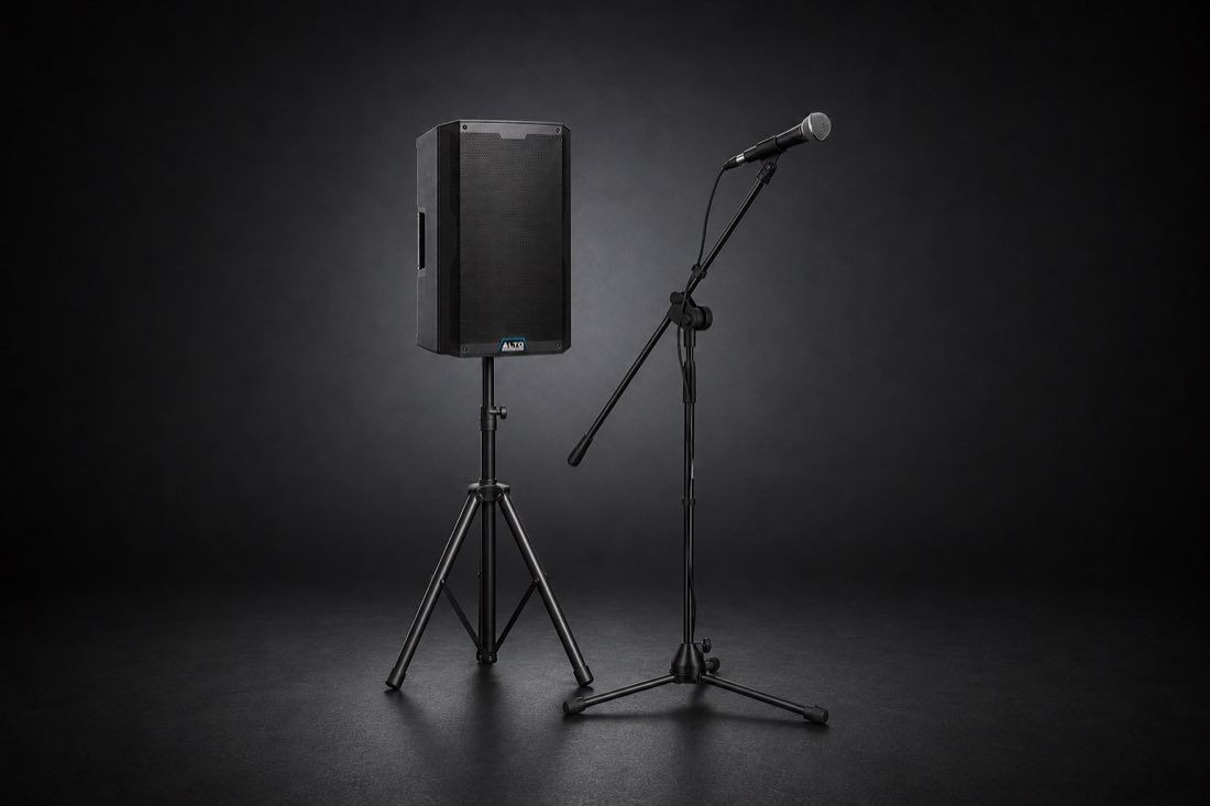 Altavoz Alto TS415 sobre trípode y micrófono Shure SM58 con pie — equipo del Pack Discurso